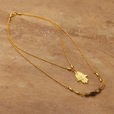Tiger's eye strand pendant necklace, 'Courageous Hamsa' - Gold-Toned Brass and Tiger's Eye Necklace with Hamsa Pendant