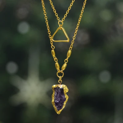 Amethyst strand pendant necklace, 'Triangle of Tricks' - Freeform Amethyst Two-Strand Necklace with Triangle Pendant