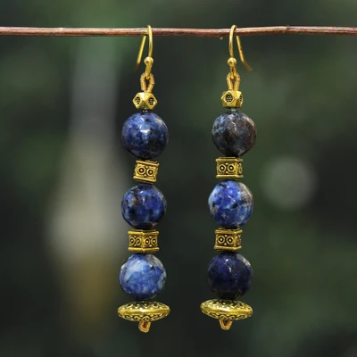 Sodalite dangle earrings, 'Boho in Blue' - Bollywood Dangle Earrings with Antiqued Brass and Sodalite