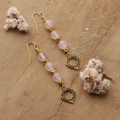 Rose quartz dangle earrings, 'Dear Mage' - Rose Quartz Birthstone Dangle Earrings with Gold-Toned Brass