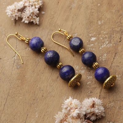 Lapis lazuli dangle earrings, 'Midnight Pillars' - Classic Gold-Toned Brass Earrings with Lapis Lazuli Jewels