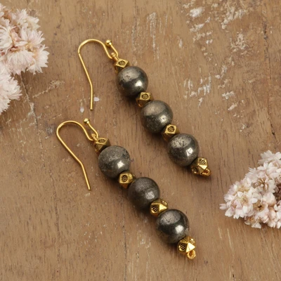 Pyrite dangle earrings, 'Ambitious Cosmos' - Natural Pyrite and Antiqued Brass Bollywood Dangle Earrings