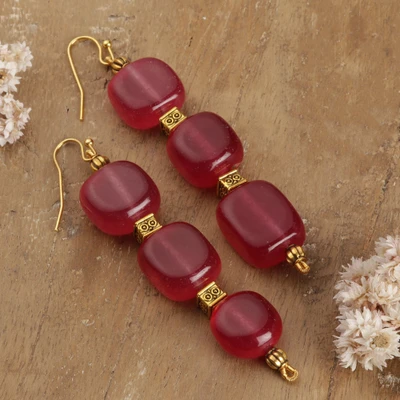 Onyx dangle earrings, 'Dulcet Cubes' - Cube-Shaped Red Onyx Dangle Earrings with Polished Brass