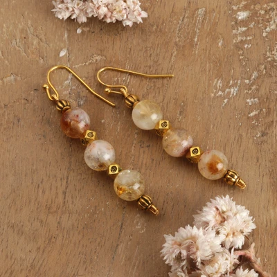 Citrine dangle earrings, 'Sunlit Eyes' - Citrine Beaded Dangle Earrings with Gold-Toned Brass Accents