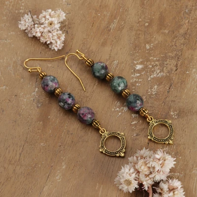 Jasper dangle earrings, 'Nocturnal Talisman' - Fantasy-Inspired Antiqued Brass and Jasper Dangle Earrings