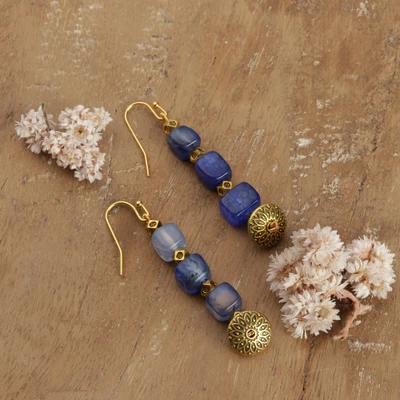 Blue quartz dangle earrings, 'Azure Mosaic' - Blue Quartz Cube Dangle Earrings Accented with Golden Brass