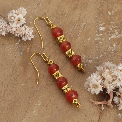 Onyx dangle earrings, 'Sunset Tradition' - Classic Orange Onyx Stone and Antiqued Brass Dangle Earrings