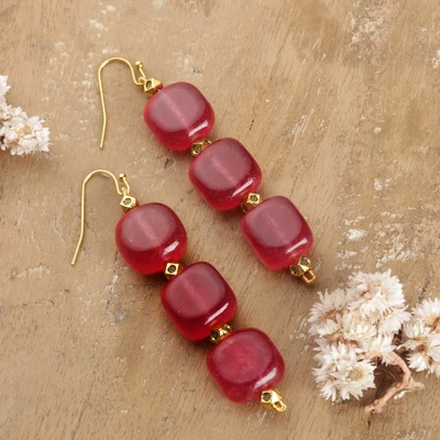 Onyx dangle earrings, 'Traditional Red' - Classic Bollywood Dangle Earrings with Red Onyx Gemstones