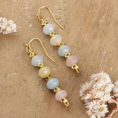 Onyx dangle earrings, 'Pastel Glam' - Pastel Onyx Gemstones and Gold-Toned Brass Dangle Earrings