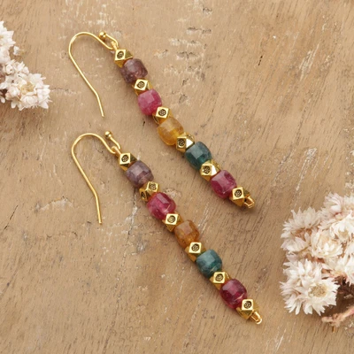 Onyx dangle earrings, 'Regal Rainbow' - Bollywood-Inspired Rainbow Onyx and Brass Dangle Earrings