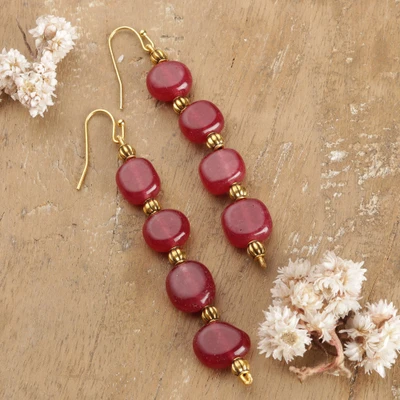 Onyx dangle earrings, 'Scarlet Bonbon' - Sweet Glam Dangle Earrings with Brass and Round Red Onyx
