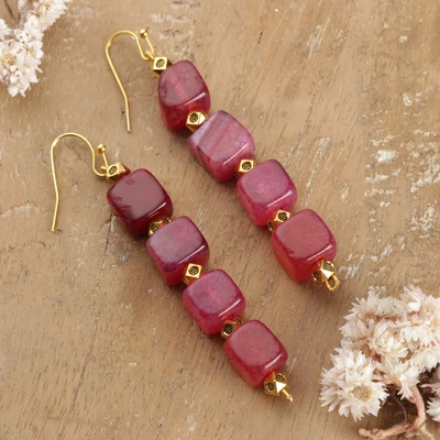 Onyx dangle earrings, 'Scarlet Candy' - Square Red Onyx Stone and Polished Brass Dangle Earrings
