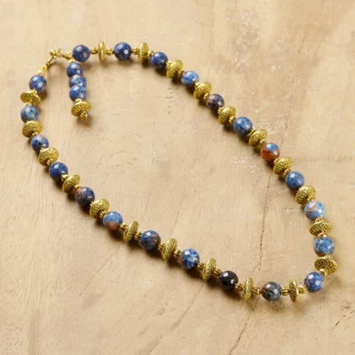 Sodalite beaded necklace, 'Indigo Pillars' - Antiqued Brass and Sodalite Necklace with Bollywood Details