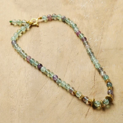 Fluorite beaded necklace, 'Crystalline Mage' - Classic Antiqued Brass and Fluorite Bead Bollywood Necklace