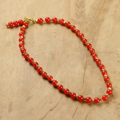 Onyx and brass beaded necklace, 'Grandeur in Crimson' - Gold-Toned Brass and Red Onyx Beaded Bollywood Necklace