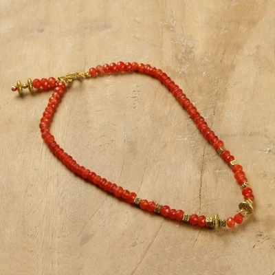 Carnelian beaded necklace, 'Fire Mage' - Red Carnelian Beaded Necklace with Gold-Toned Brass Accents