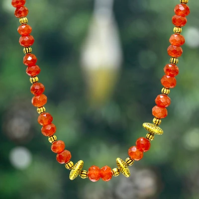 Carnelian beaded necklace, 'Fiery Pillars' - Carnelian and Brass Beaded Necklace with Bollywood Details