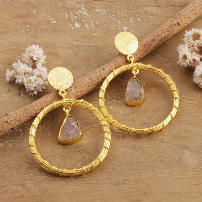 Rose quartz dangle earrings, 'Gracious Eye' - Freeform Natural Rose Quartz & Golden Brass Dangle Earrings