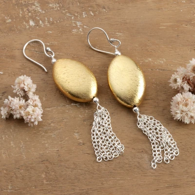Brass dangle earrings, 'Boho Waterfall' - Boho-Style Brushed-Satin Brass Dangle Earrings with Fringes