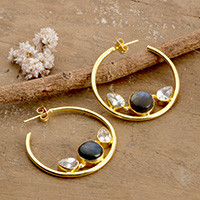 Clear quartz and labradorite half-hoop earrings, 'Crescent Intuition' - 4-Carat Clear Quartz and Labradorite Half-Hoop Earrings