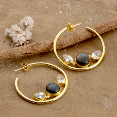 Clear quartz and labradorite half-hoop earrings, 'Crescent Intuition' - 4-Carat Clear Quartz and Labradorite Half-Hoop Earrings