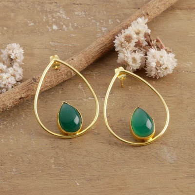 Onyx drop earrings, 'Nouvelle Drop' - High-Polished Drop-Shaped Brass and Green Onyx Earrings