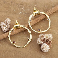 Garnet drop earrings, 'Primal Romance' - Hammered Gold-Toned Brass and Natural Garnet Drop Earrings