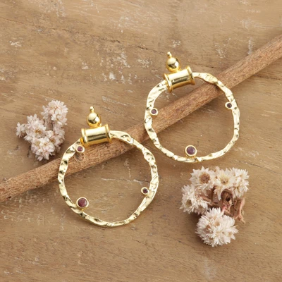 Garnet drop earrings, 'Primal Romance' - Hammered Gold-Toned Brass and Natural Garnet Drop Earrings
