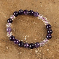 Multi-gemstone beaded stretch bracelet, 'Purple Serenity' - Purple Fluorite Amethyst and Clear Quartz Stretch Bracelet