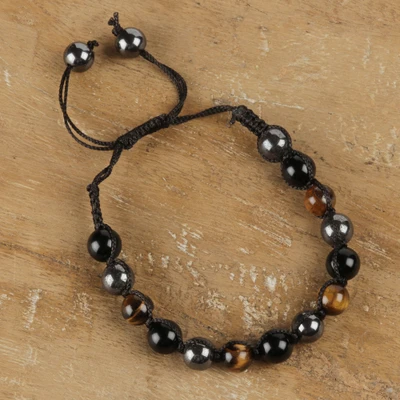 Multi-gemstone beaded bracelet, 'Triad of Power' - Adjustable Bracelet with Multi-Gemstones in Black & Brown
