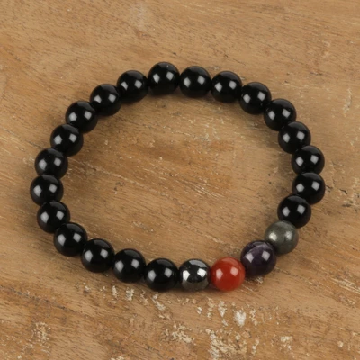 Multi-gemstone beaded stretch bracelet, 'Four Guardians' - Natural Obsidian Stretch Bracelet with Multi-Gemstone Beads