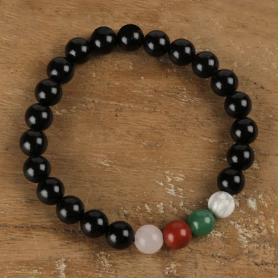 Multi-gemstone beaded stretch pendant bracelet, 'Harmony of the Earth' - Handcrafted Multi-Gemstone Beaded Stretch Pendant Bracelet