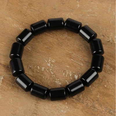 Obsidian beaded stretch bracelet, 'Whispering Midnight' - Unisex Natural Obsidian Beaded Bracelet with Elastic Chain