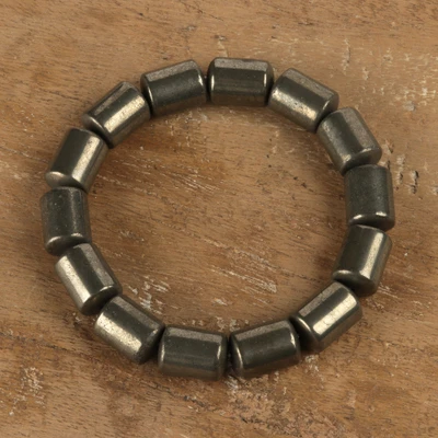 Pyrite beaded stretch bracelet, 'Whispering Victory' - Metallic-Toned Beaded Stretch Bracelet with Pyrite Gemstone