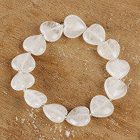 White quartz and clear quartz beaded stretch bracelet, 'Hearts of Morning' - White & Clear Quartz Beaded Bracelet with Heart Pendants
