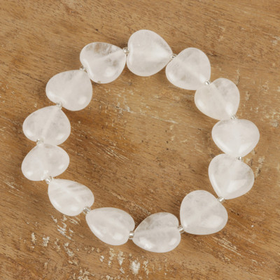 White quartz and clear quartz beaded stretch bracelet, 'Hearts of Morning' - White & Clear Quartz Beaded Bracelet with Heart Pendants
