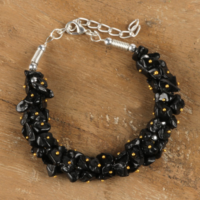 Obsidian beaded wristband bracelet, 'Boho Nocturne' - Boho Aesthetic Natural Obsidian Beaded Wristband Bracelet