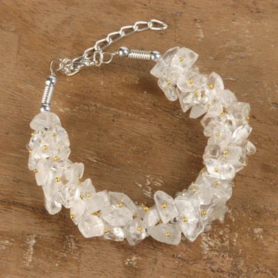 Clear quartz beaded wristband bracelet, 'Boho Morning' - Clear Quartz Beaded Wristband Bracelet with Golden Dots