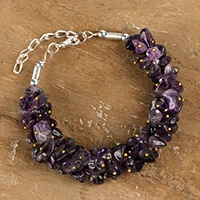 Amethyst beaded wristband bracelet, 'Boho Enchantment' - Gold Speckled Amethyst Gemstone Beaded Wristband Bracelet