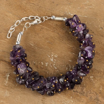 Amethyst beaded wristband bracelet, 'Boho Enchantment' - Gold Speckled Amethyst Gemstone Beaded Wristband Bracelet