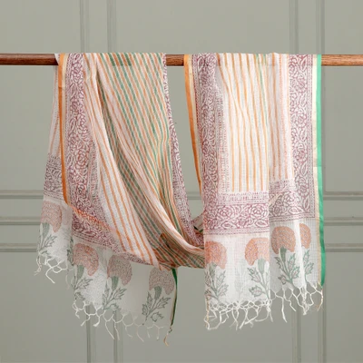 Cotton shawl, 'Merry Season' - Block-Printed Floral 100% Cotton Fringed Shawl in Warm Hues