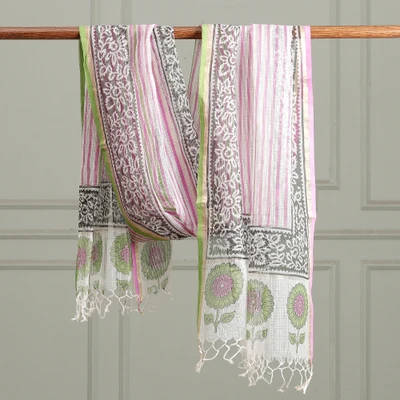 Cotton shawl, 'Amid Spring' - Spring-Inspired Block-Printed 100% Cotton Shawl with Fringes