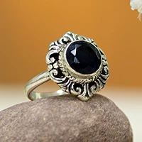 Onyx cocktail ring, 'Noir Petals' - Baroque-Inspired 2-Carat Faceted Onyx Floral Cocktail Ring