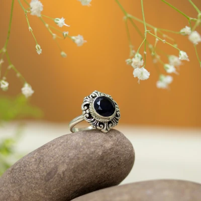 Onyx cocktail ring, 'Noir Petals' - Baroque-Inspired 2-Carat Faceted Onyx Floral Cocktail Ring