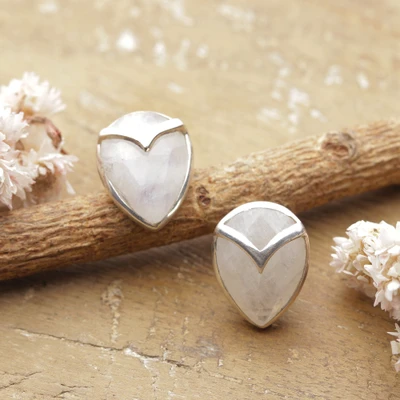 Rainbow moonstone button earrings, 'Morning Dazzle' - Silver Button Earrings with 11-Carat Rainbow Moonstone Gems