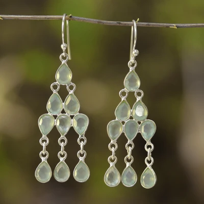 Chalcedony chandelier earrings, 'Gleaming Cascade' - Silver Chandelier Earrings with 13.5-Carat Chalcedony Stones