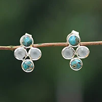 Rainbow moonstone and reconstituted turquoise drop earrings, 'Chic Orbs' - Rainbow Moonstone Reconstituted Turquoise Silver Earrings
