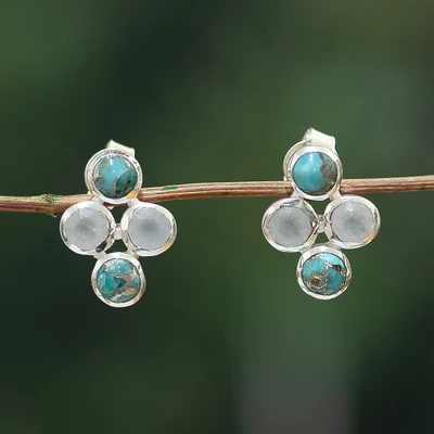 Rainbow moonstone and reconstituted turquoise drop earrings, 'Chic Orbs' - Rainbow Moonstone Reconstituted Turquoise Silver Earrings