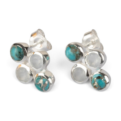 Rainbow moonstone and reconstituted turquoise drop earrings, 'Chic Orbs' - Rainbow Moonstone Reconstituted Turquoise Silver Earrings