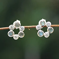 Labradorite and cubic zirconia button earrings, 'Enchanted Wreath' - Floral Wreath Labradorite Cubic Zirconia and Silver Earrings